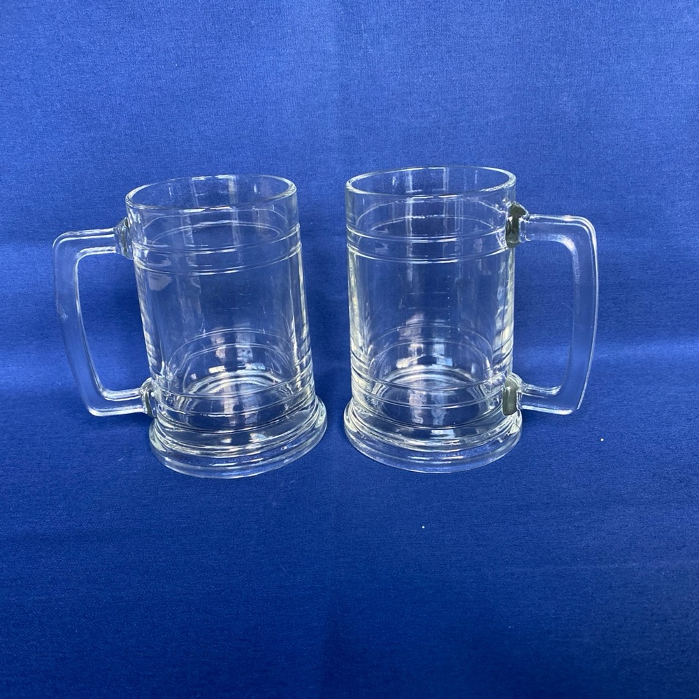 2 Vintage Clear Glass 12 Oz Beer Mugs w/Handles, Two Recessed Bands Top & Bottom